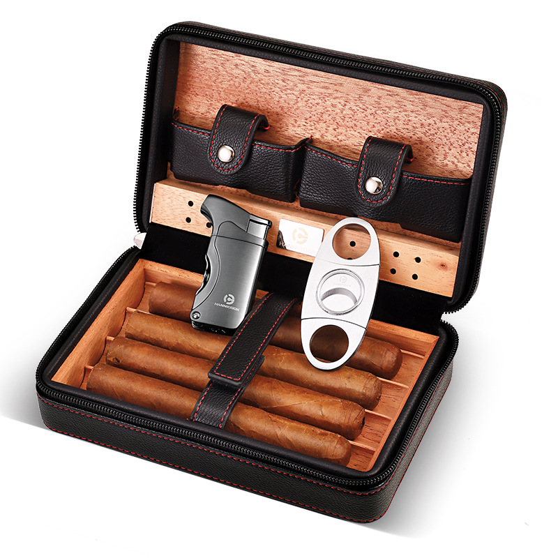 Galiner 3-Cigar Travel Case With Cedar Lining & Lighter Set - Black/Yellow - Leather Look, Torch Lighter - Great Gift